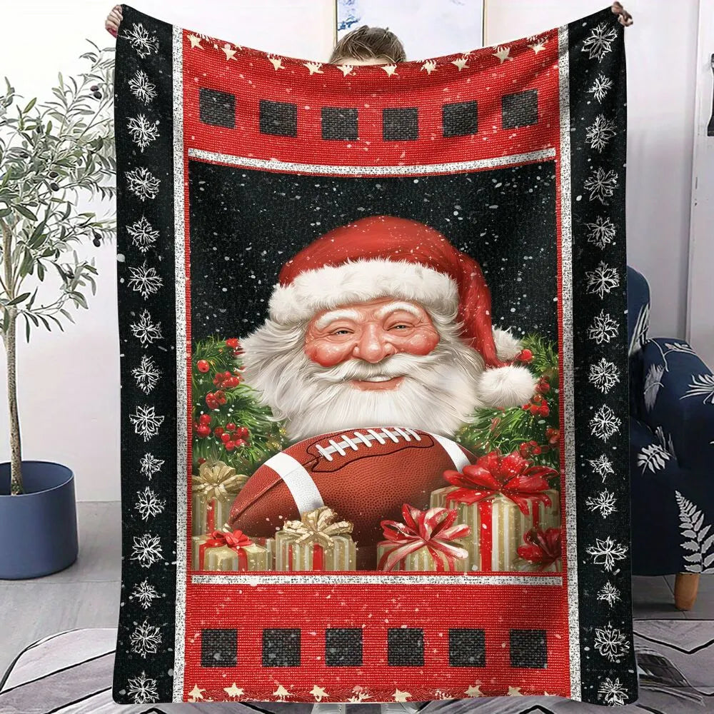 Sports Santa Football Christmas Black Red Pattern Multipurpose Throw Blanket