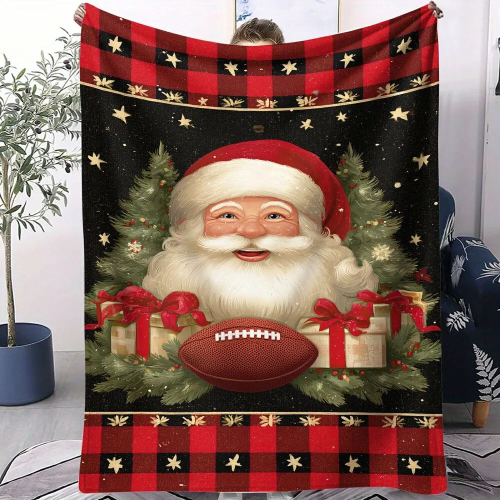Sports Santa Football Christmas Plaid Black Red Pattern Multipurpose Throw Blanket