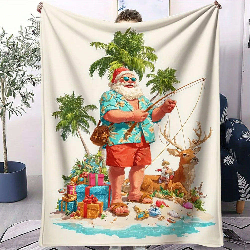 Tropical Santa Fishing Christmas White Pattern Multipurpose Throw Blanket