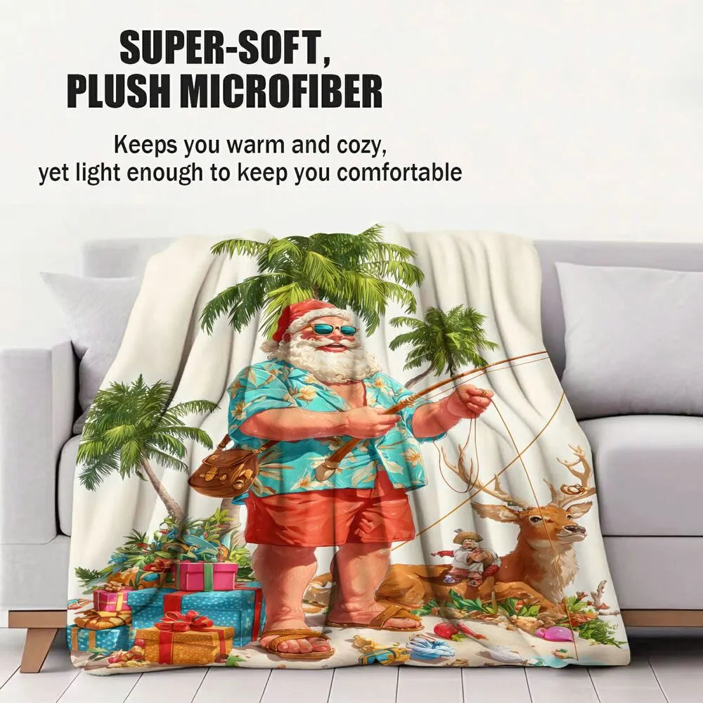 Tropical Santa Fishing Christmas White Pattern Multipurpose Throw Blanket