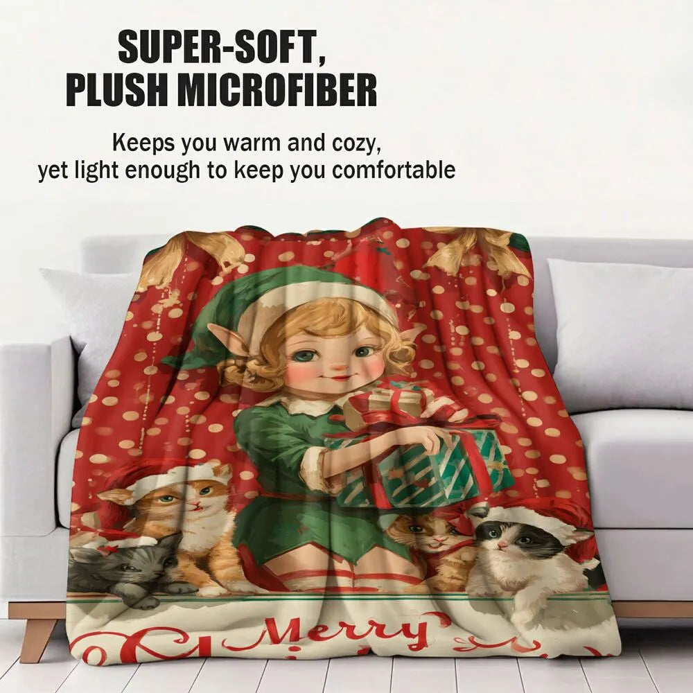 Vintage Christmas Elf and Cats Pattern Multipurpose Throw Blanket