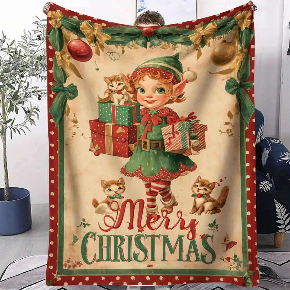 Vintage Christmas Elf and Cats with Gifts Pattern Multipurpose Throw Blanket