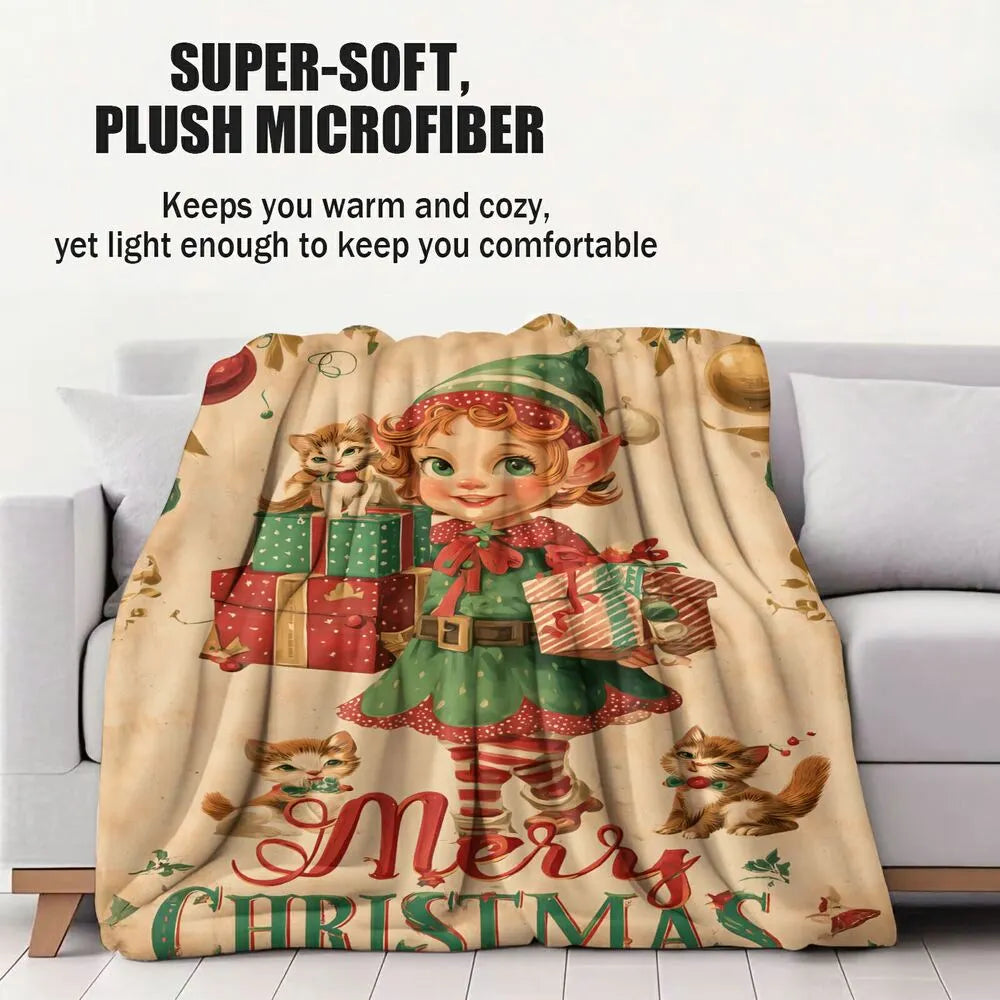 Vintage Christmas Elf and Cats with Gifts Pattern Multipurpose Throw Blanket