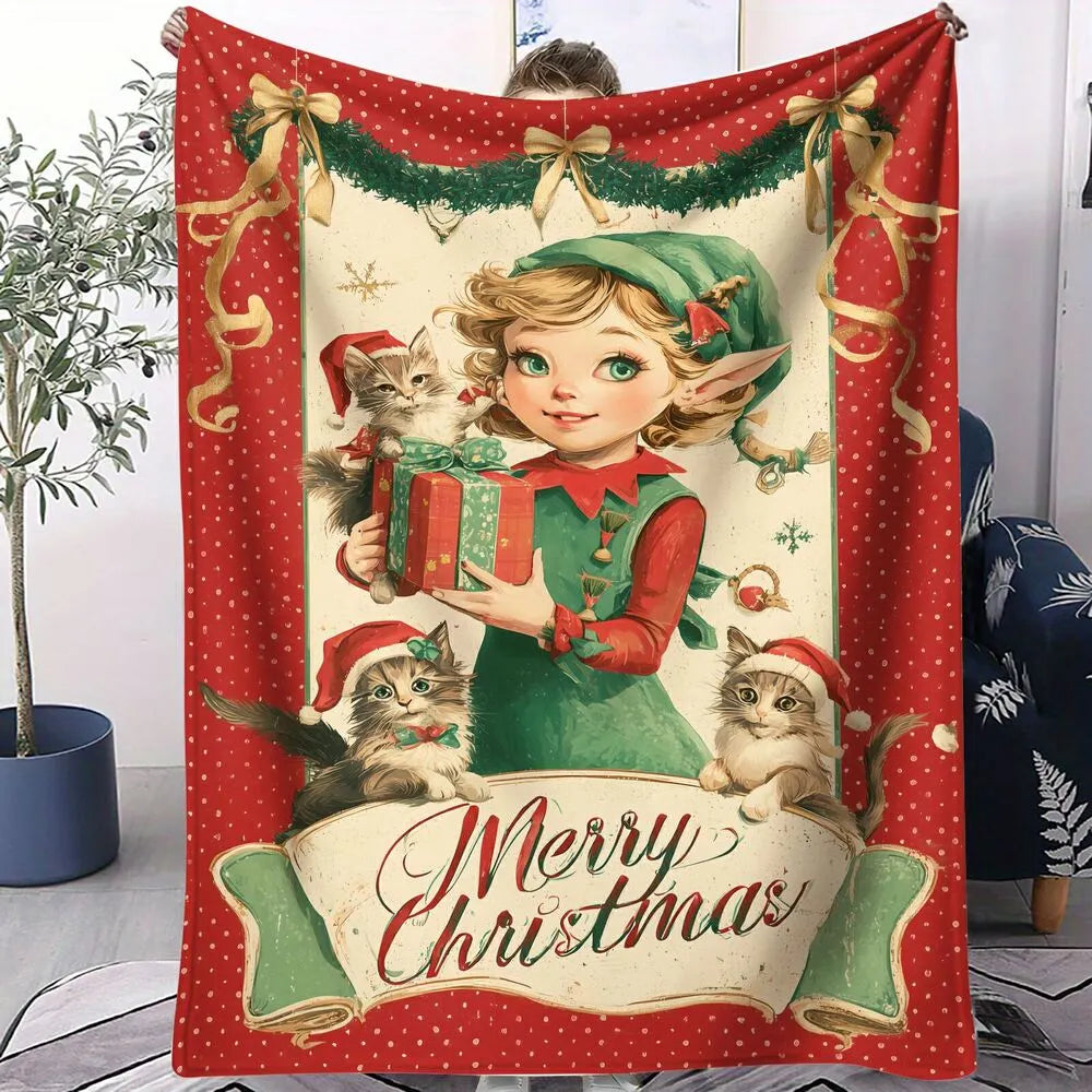Vintage Elf Girl Kittens Merry Christmas Red Pattern Multipurpose Throw Blanket