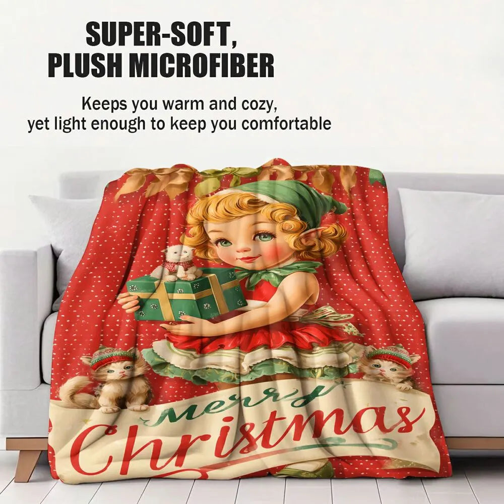 Vintage Elf Girl Kittens Merry Christmas Red Pattern Multipurpose Throw Blanket