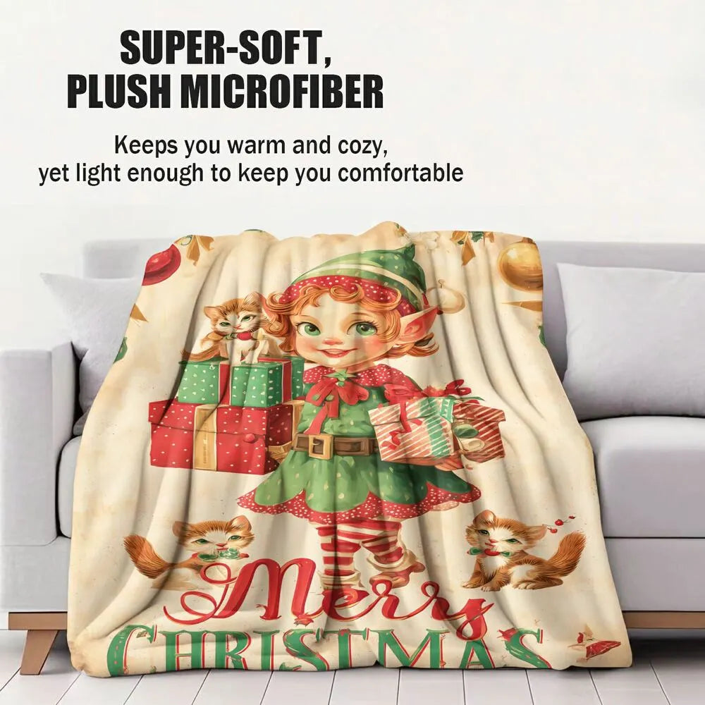 Vintage Elf Kittens Merry Christmas Cream Pattern Multipurpose Throw Blanket