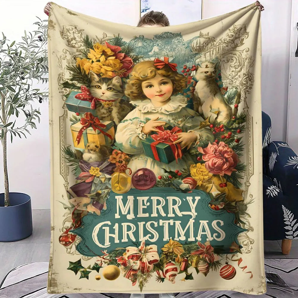 Vintage Girl Kittens Merry Christmas Beige Pattern Multipurpose Throw Blanket