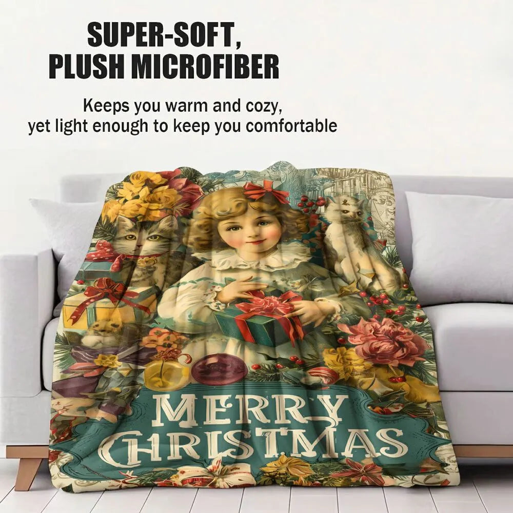Vintage Girl Kittens Merry Christmas Beige Pattern Multipurpose Throw Blanket