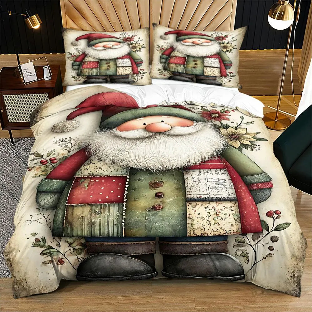 Vintage Patchwork Santa Christmas Gift Duvet Cover Set Kids Bedding Set