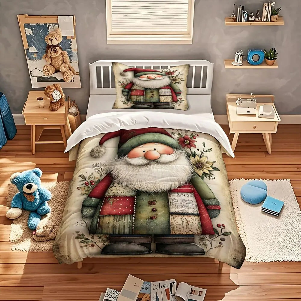 Vintage Patchwork Santa Christmas Gift Duvet Cover Set Kids Bedding Set