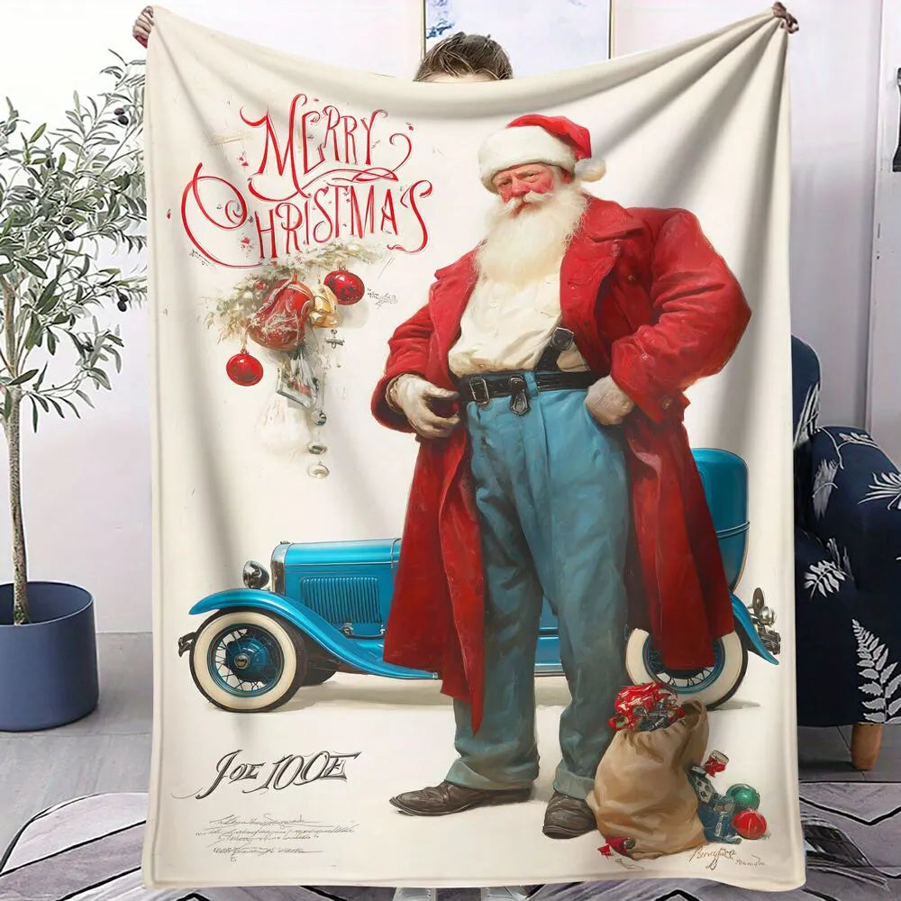 Vintage Santa Blue Car Merry Christmas White Pattern Multipurpose Throw Blanket