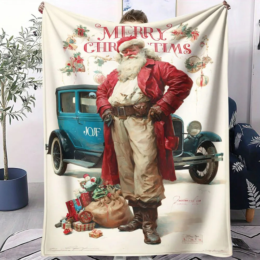 Vintage Santa Blue Car Merry Christmas White Pattern Multipurpose Throw Blanket