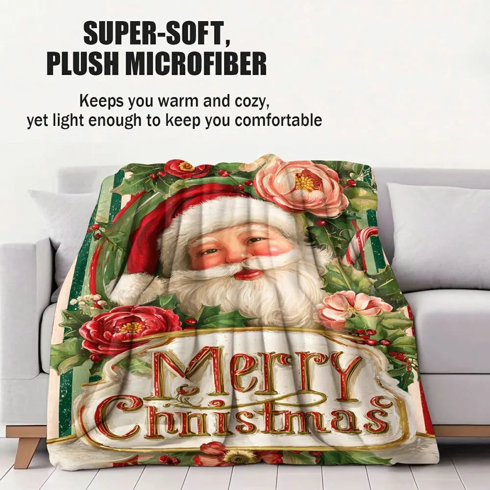 Vintage Santa Floral Merry Christmas Red Green Stripe Pattern Multipurpose Throw Blanket