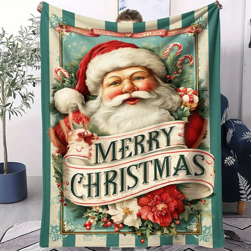 Vintage Santa Merry Christmas Teal Red Pattern Multipurpose Throw Blanket