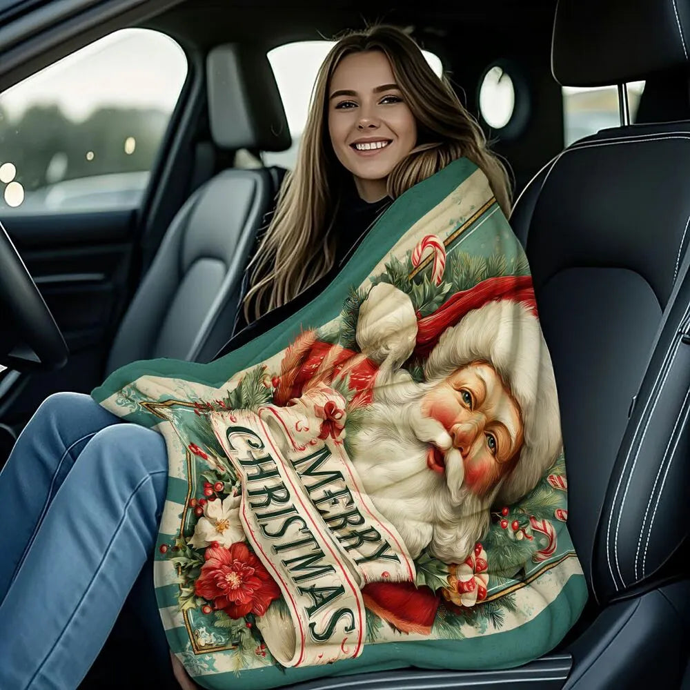 Vintage Santa Merry Christmas Teal Red Pattern Multipurpose Throw Blanket