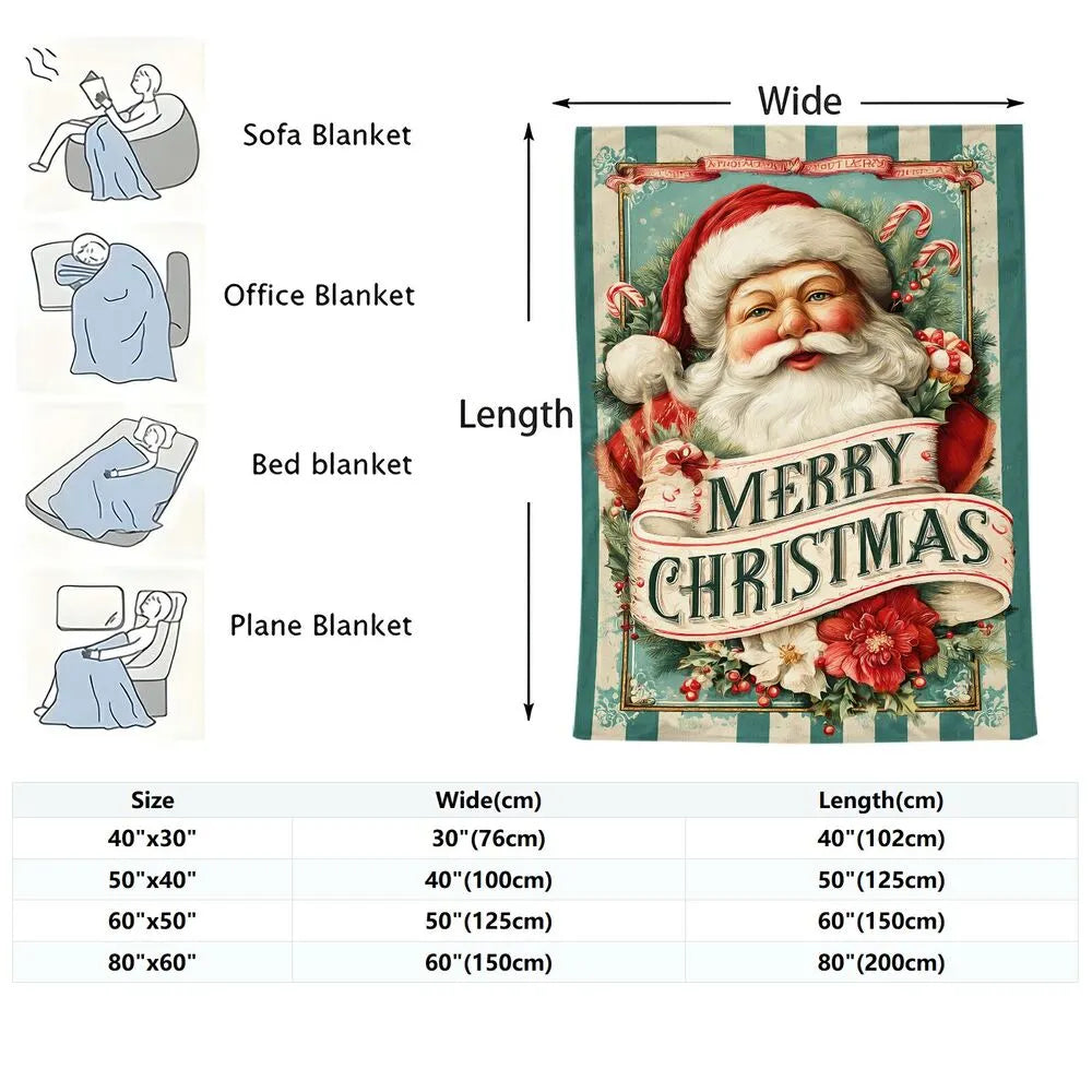 Vintage Santa Merry Christmas Teal Red Pattern Multipurpose Throw Blanket