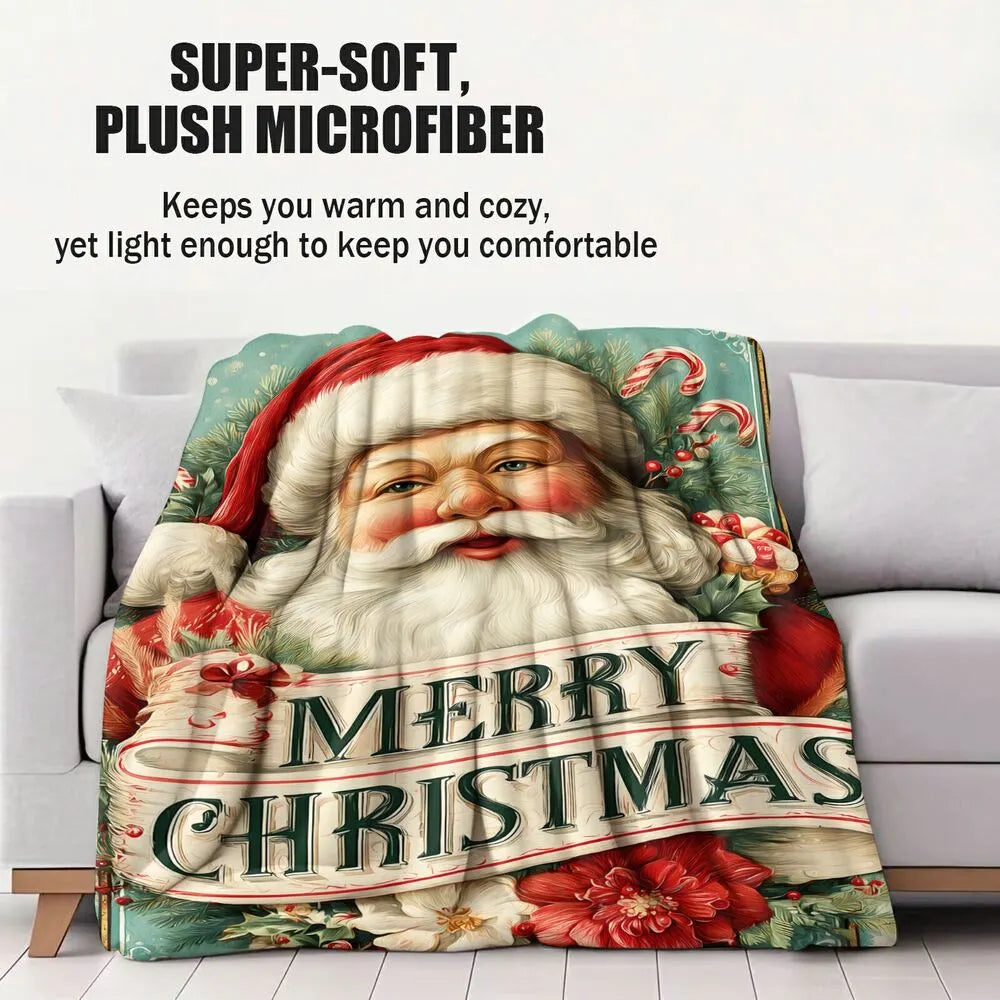 Vintage Santa Merry Christmas Teal Red Pattern Multipurpose Throw Blanket