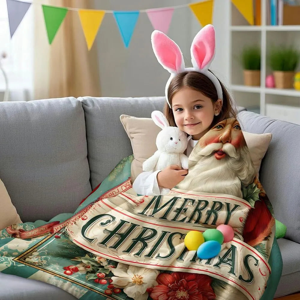 Vintage Santa Merry Christmas Teal Red Pattern Multipurpose Throw Blanket