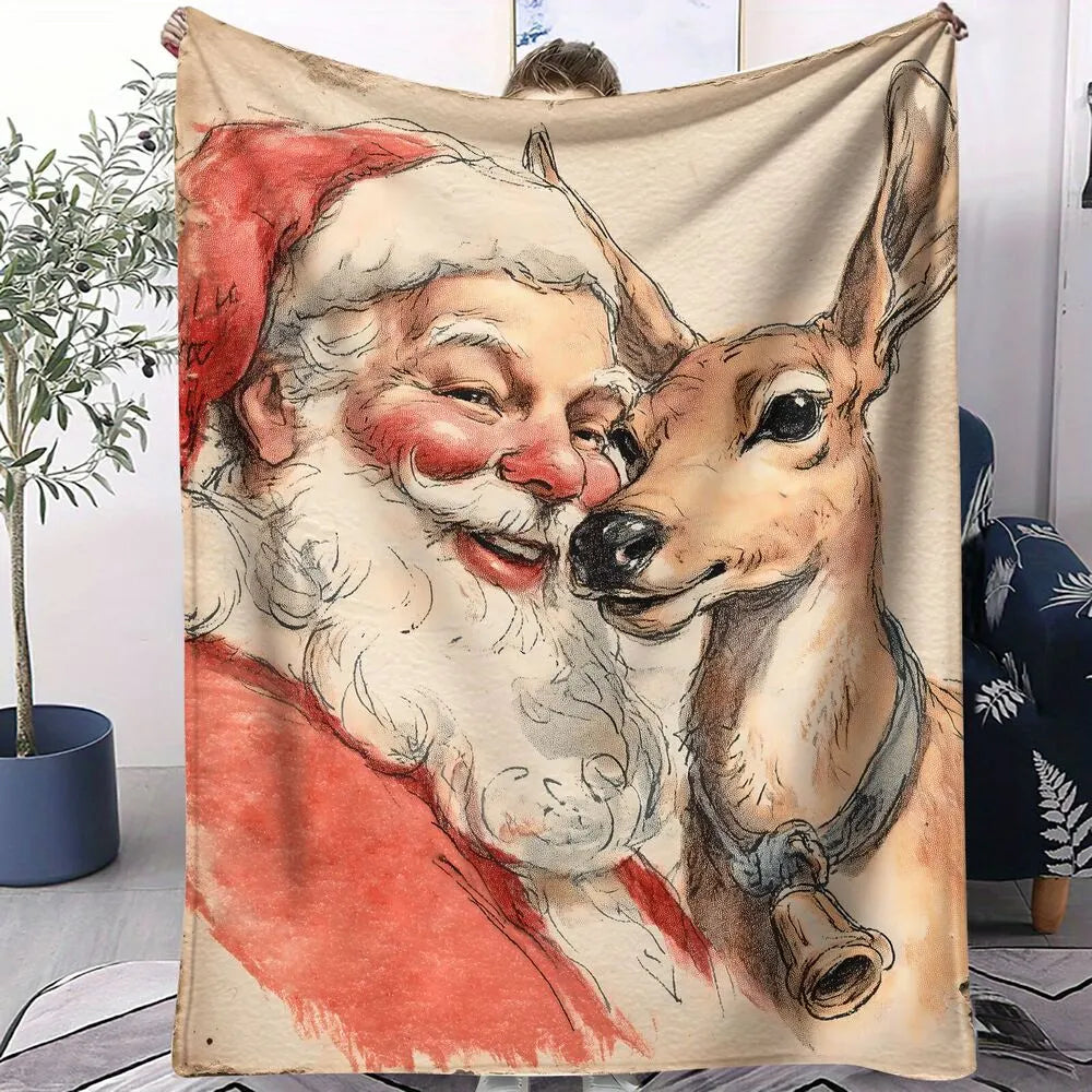 Vintage Santa Reindeer Sketch Beige Christmas Pattern Multipurpose Throw Blanket