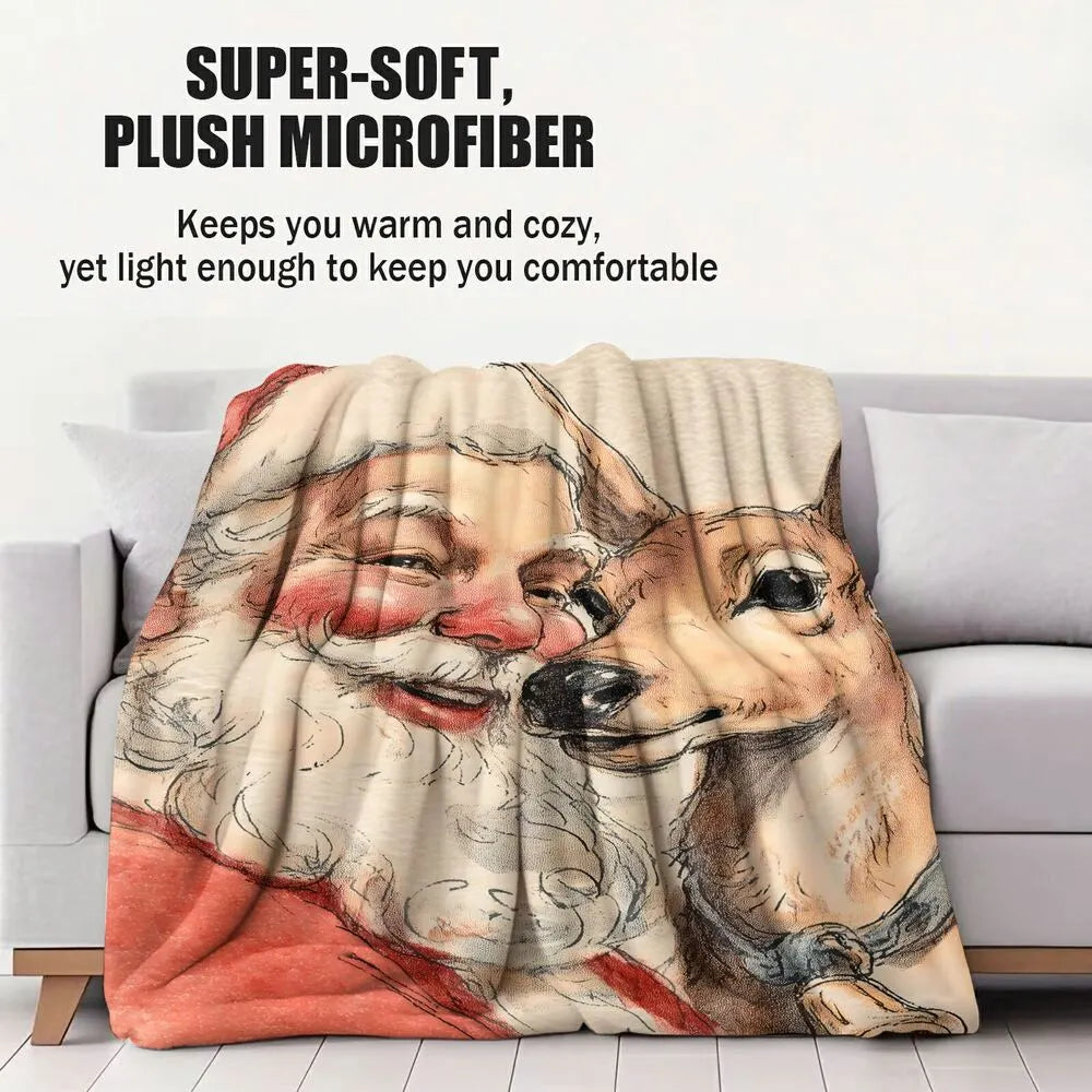 Vintage Santa Reindeer Sketch Beige Christmas Pattern Multipurpose Throw Blanket