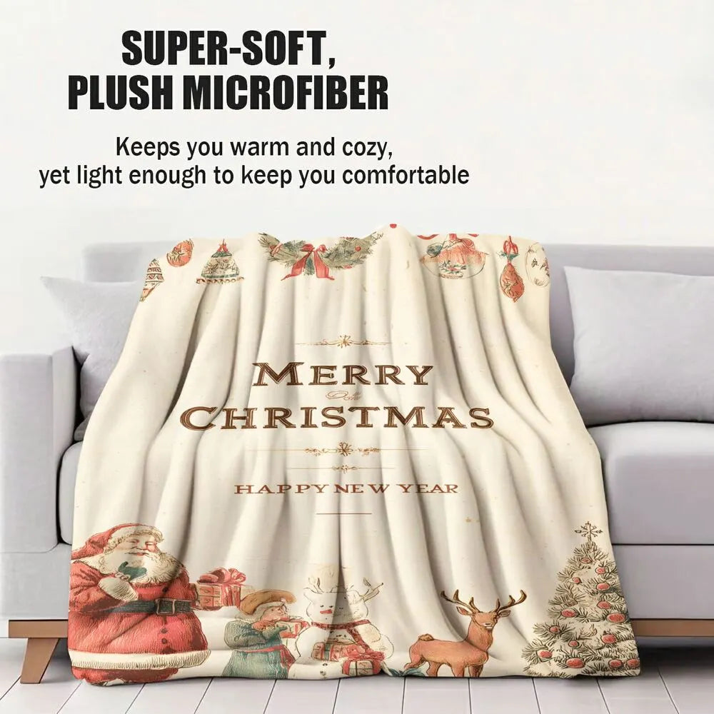 Vintage Santa Snowman Merry Christmas Happy New Year White Pattern Multipurpose Throw Blanket