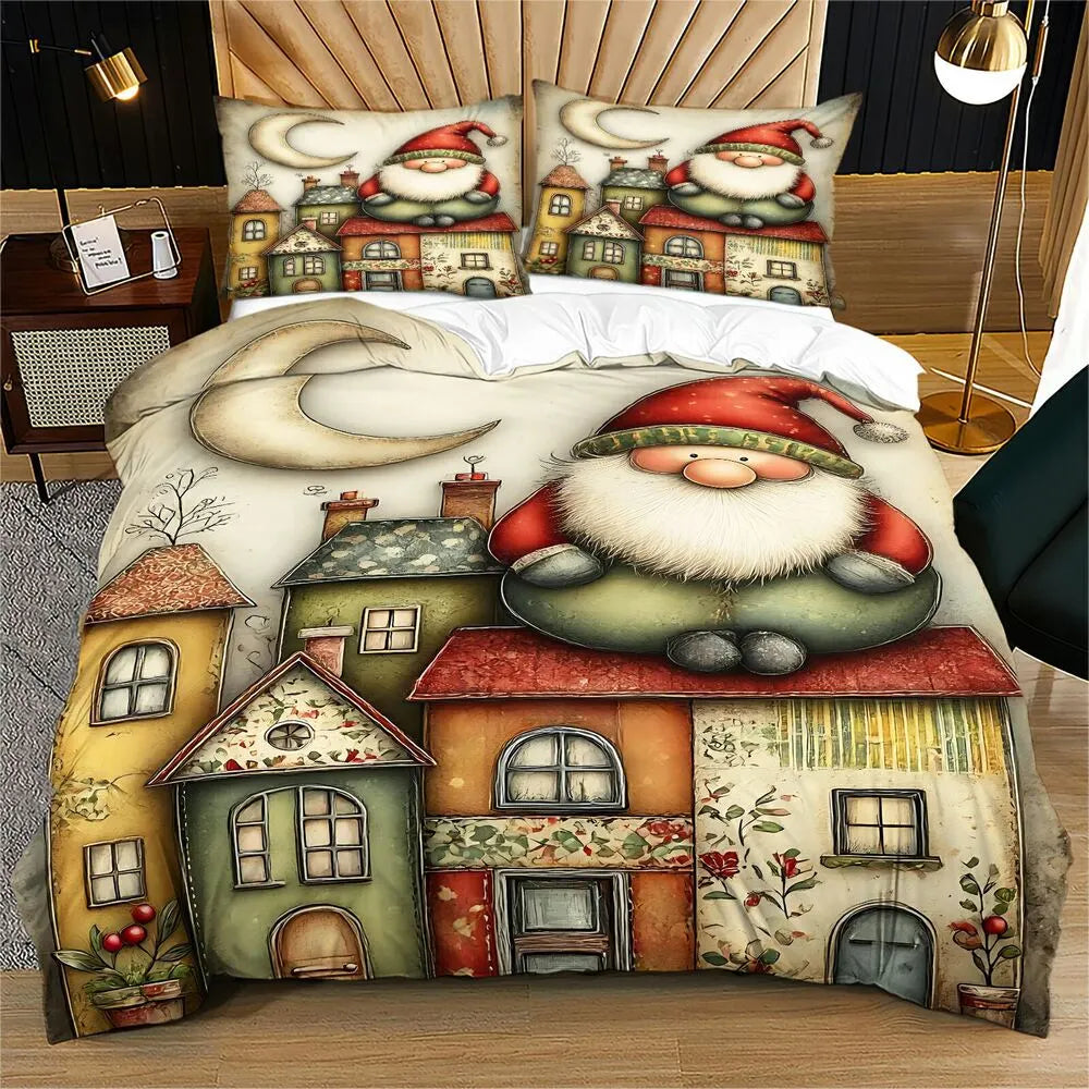 Vintage Santa Village Christmas Gift Duvet Cover Set Kids Bedding Set