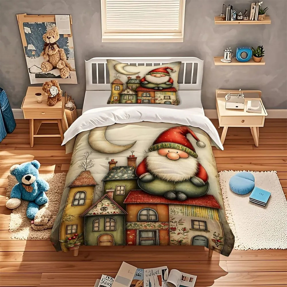 Vintage Santa Village Christmas Gift Duvet Cover Set Kids Bedding Set