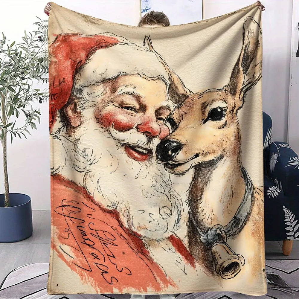 Vintage Santa and Reindeer Pattern Multipurpose Throw Blanket
