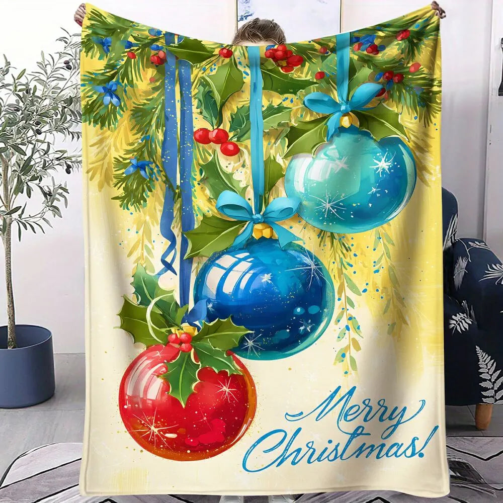 Watercolor Christmas Ornaments Merry Christmas Yellow Blue Pattern Multipurpose Throw Blanket