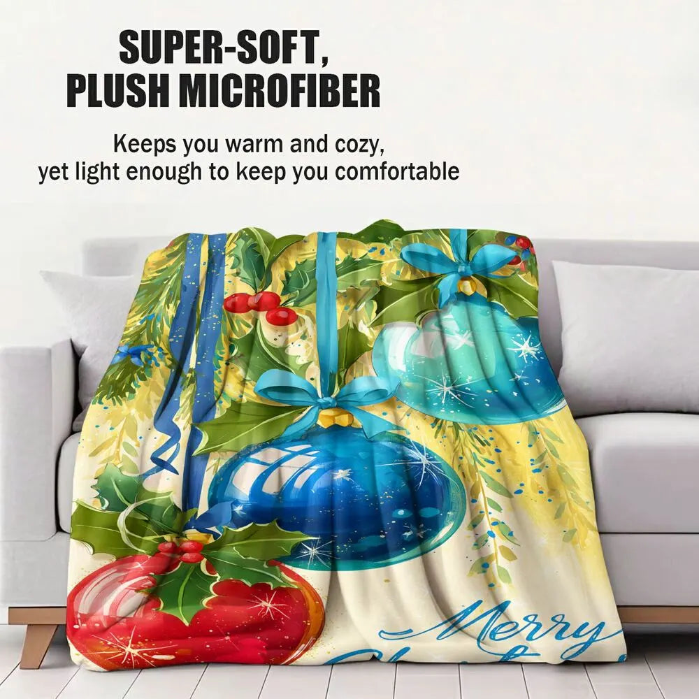 Watercolor Christmas Ornaments Merry Christmas Yellow Blue Pattern Multipurpose Throw Blanket