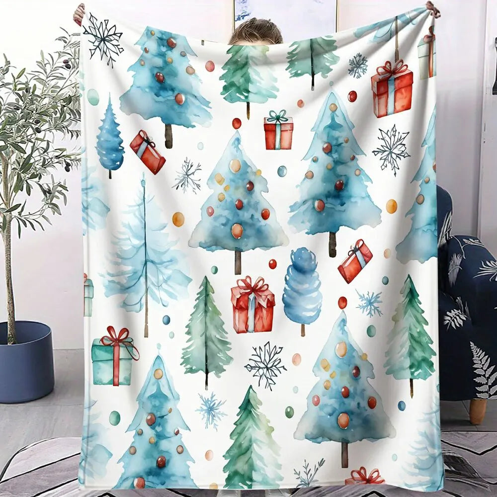 Watercolor Christmas Tree and Gift Pattern Multipurpose Throw Blanket