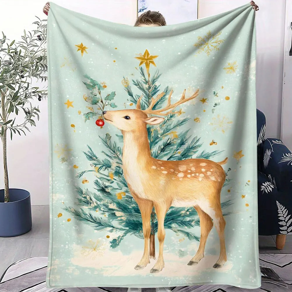 Watercolor Reindeer Christmas Tree Light Blue Pattern Multipurpose Throw Blanket