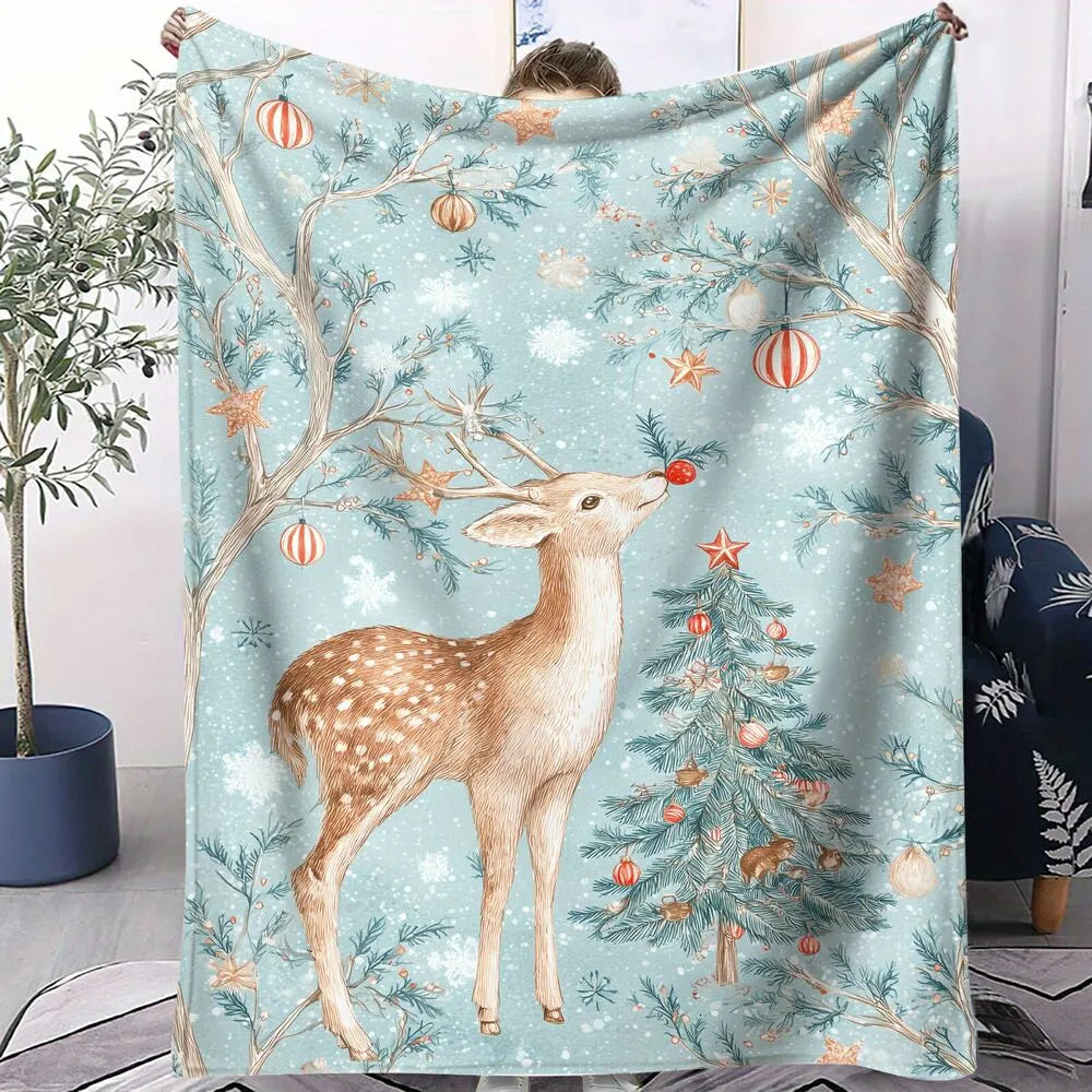Watercolor Reindeer Christmas Tree Light Blue Pattern Multipurpose Throw Blanket
