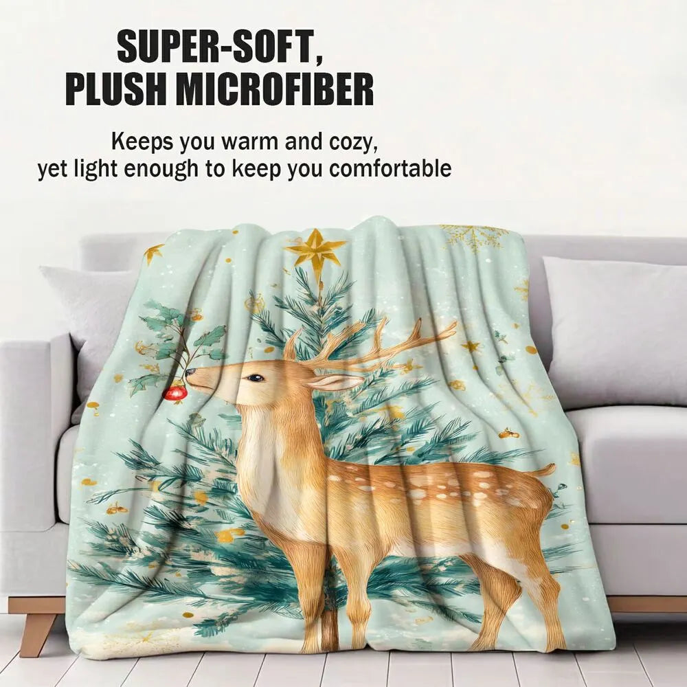 Watercolor Reindeer Christmas Tree Light Blue Pattern Multipurpose Throw Blanket