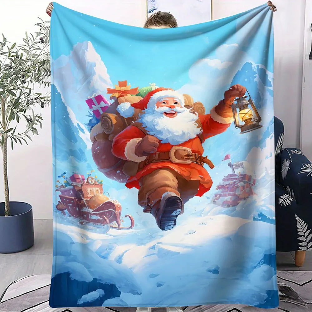 Watercolor Santa Sleigh Snowy Blue Pattern Multipurpose Throw Blanket