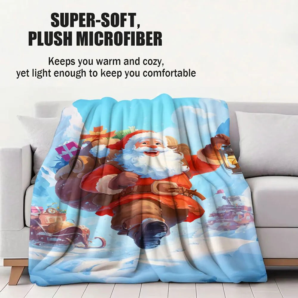 Watercolor Santa Sleigh Snowy Blue Pattern Multipurpose Throw Blanket