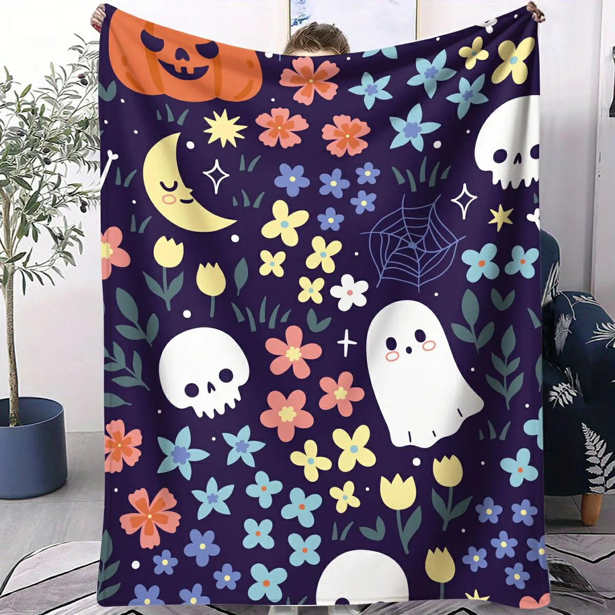 Whimsical Halloween Floral Ghost Pumpkin Flannel Throw Blanket