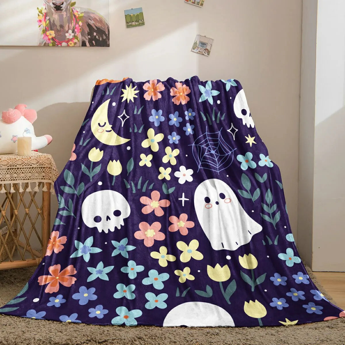 Whimsical Halloween Floral Ghost Pumpkin Flannel Throw Blanket