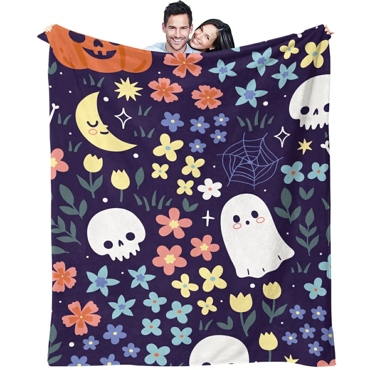 Whimsical Halloween Floral Ghost Pumpkin Flannel Throw Blanket