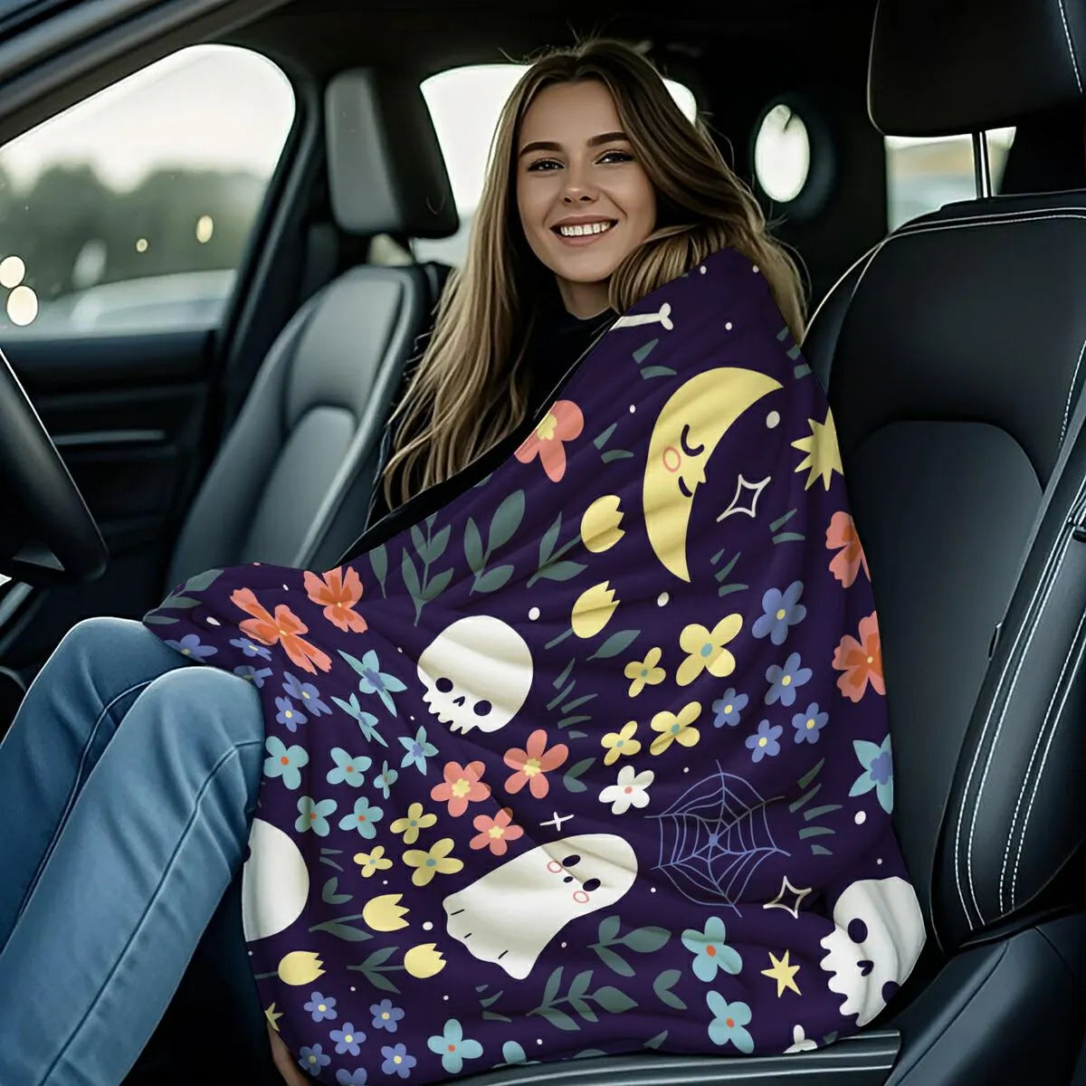 Whimsical Halloween Floral Ghost Pumpkin Flannel Throw Blanket