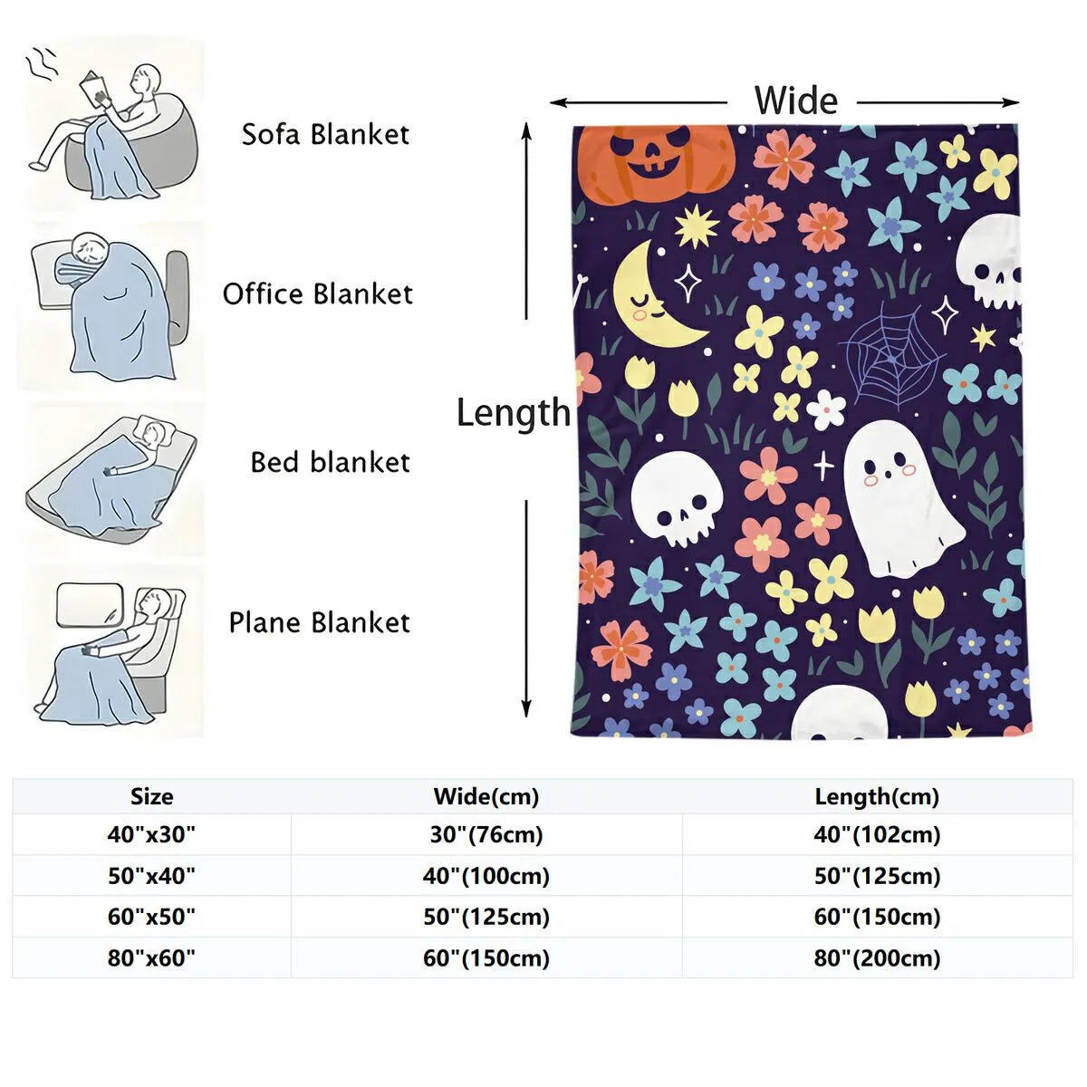 Whimsical Halloween Floral Ghost Pumpkin Flannel Throw Blanket