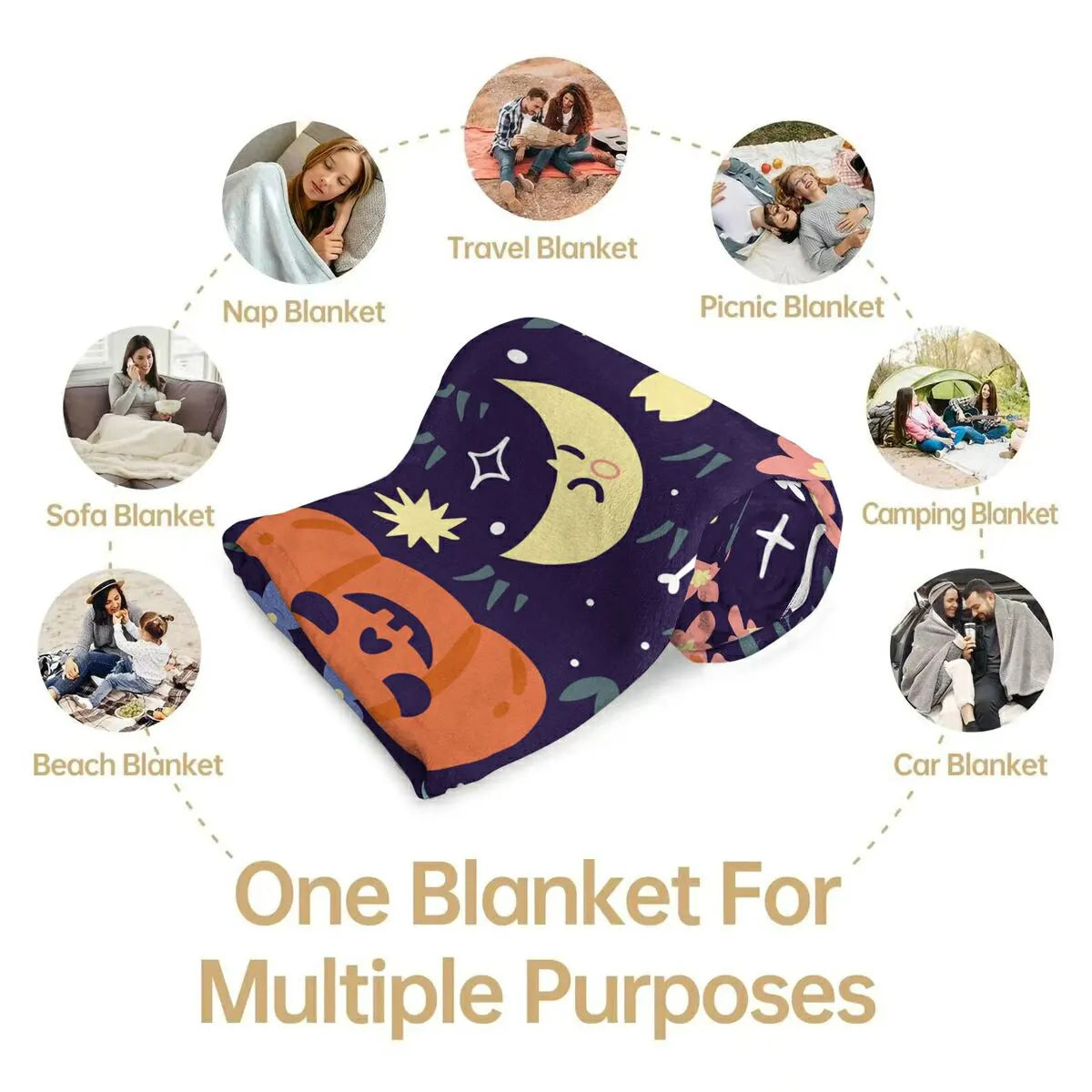 Whimsical Halloween Floral Ghost Pumpkin Flannel Throw Blanket