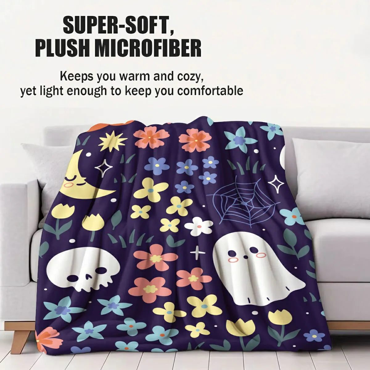 Whimsical Halloween Floral Ghost Pumpkin Flannel Throw Blanket