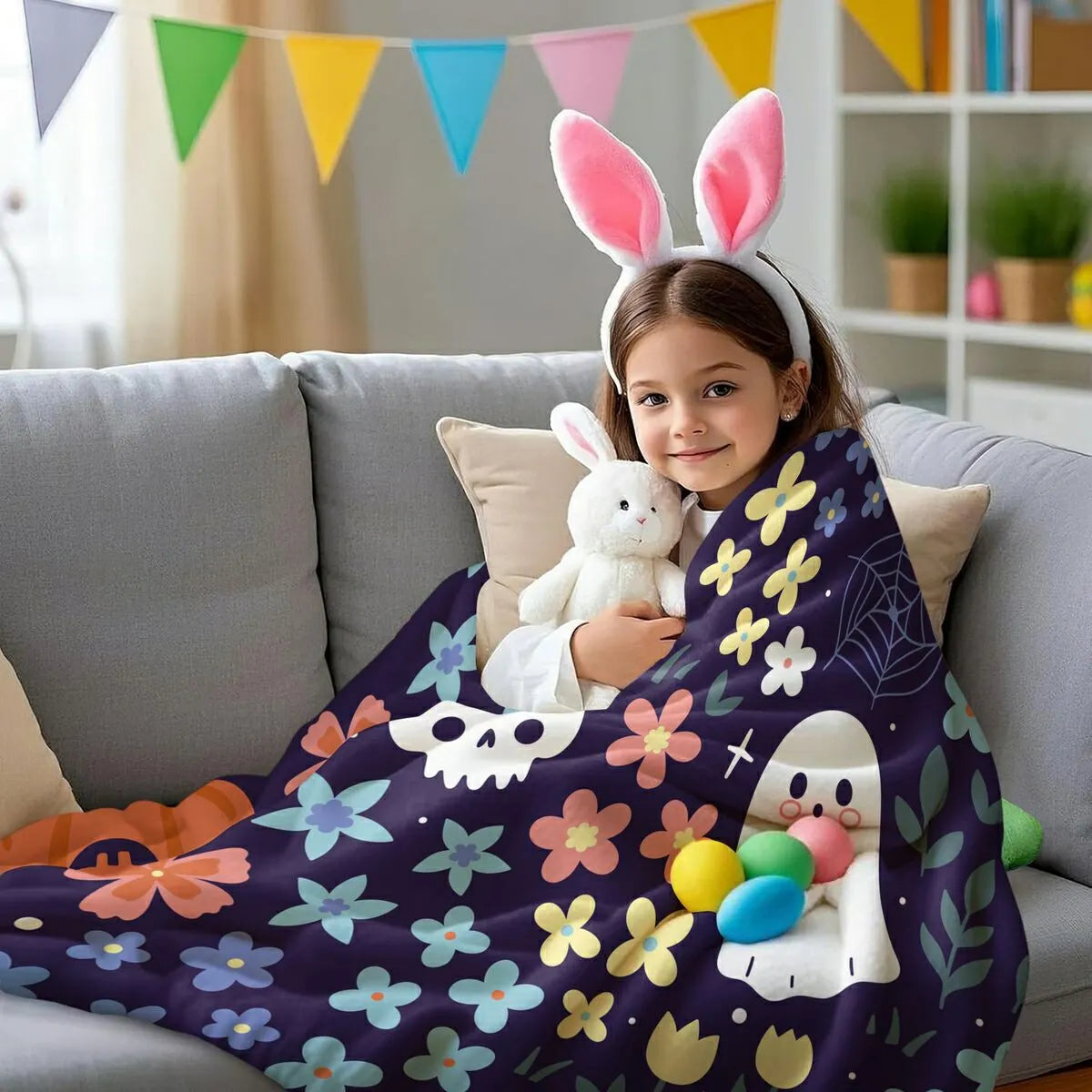 Whimsical Halloween Floral Ghost Pumpkin Flannel Throw Blanket