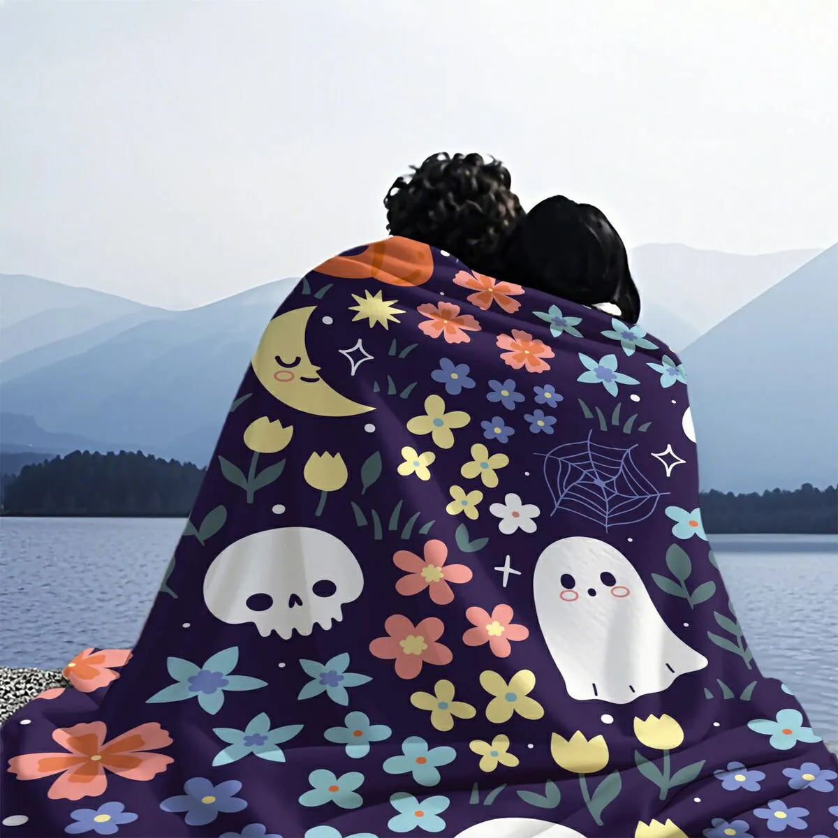 Whimsical Halloween Floral Ghost Pumpkin Flannel Throw Blanket