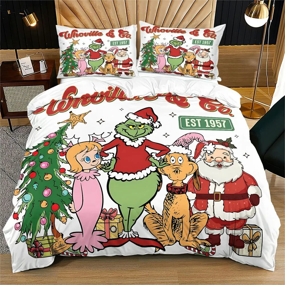Whoville Grinch Santa Christmas Duvet Cover Set Kids Bedding Set