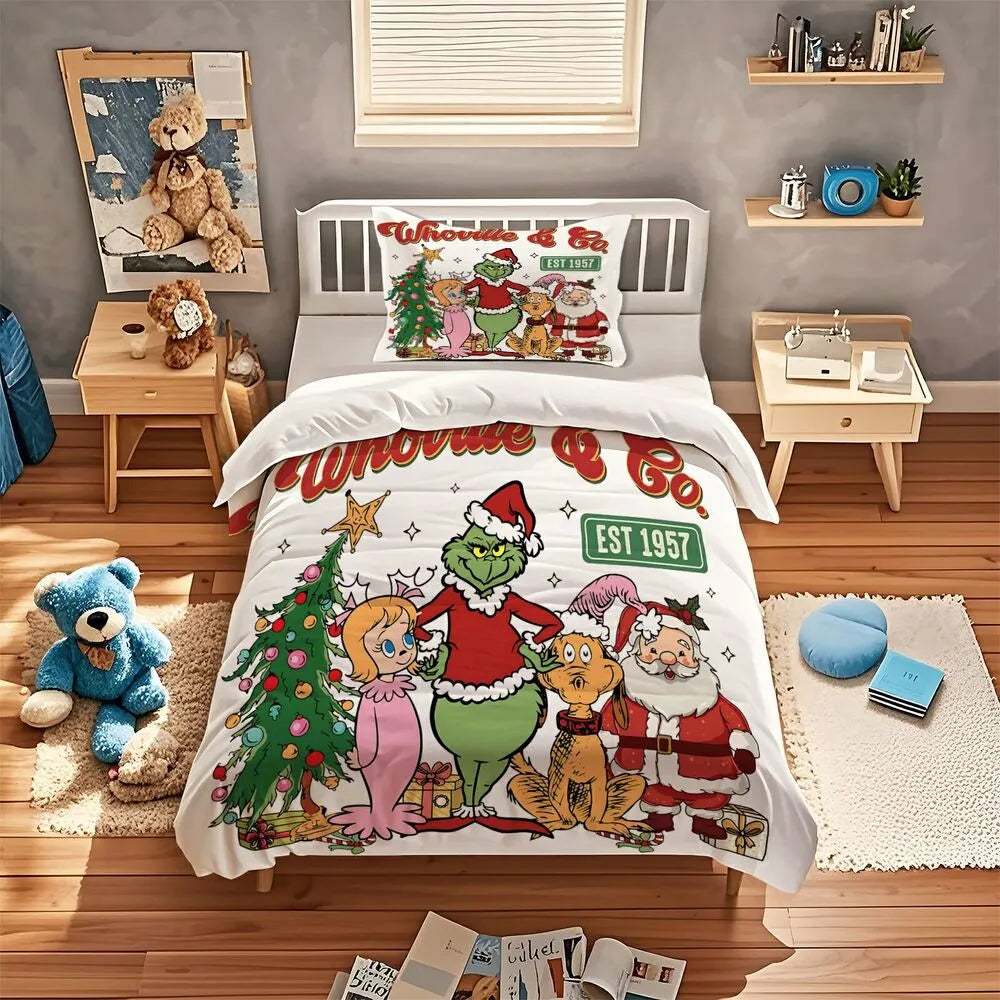 Whoville Grinch Santa Christmas Duvet Cover Set Kids Bedding Set