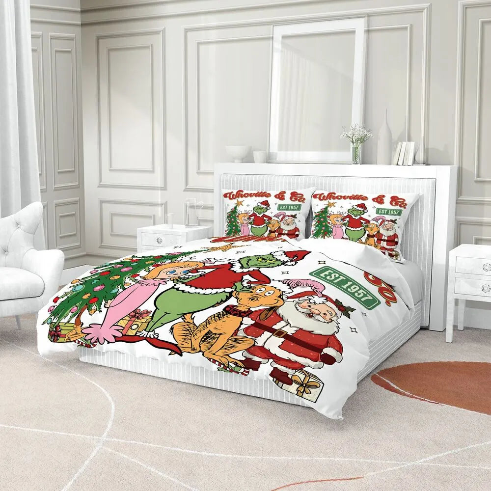 Whoville Grinch Santa Christmas Duvet Cover Set Kids Bedding Set