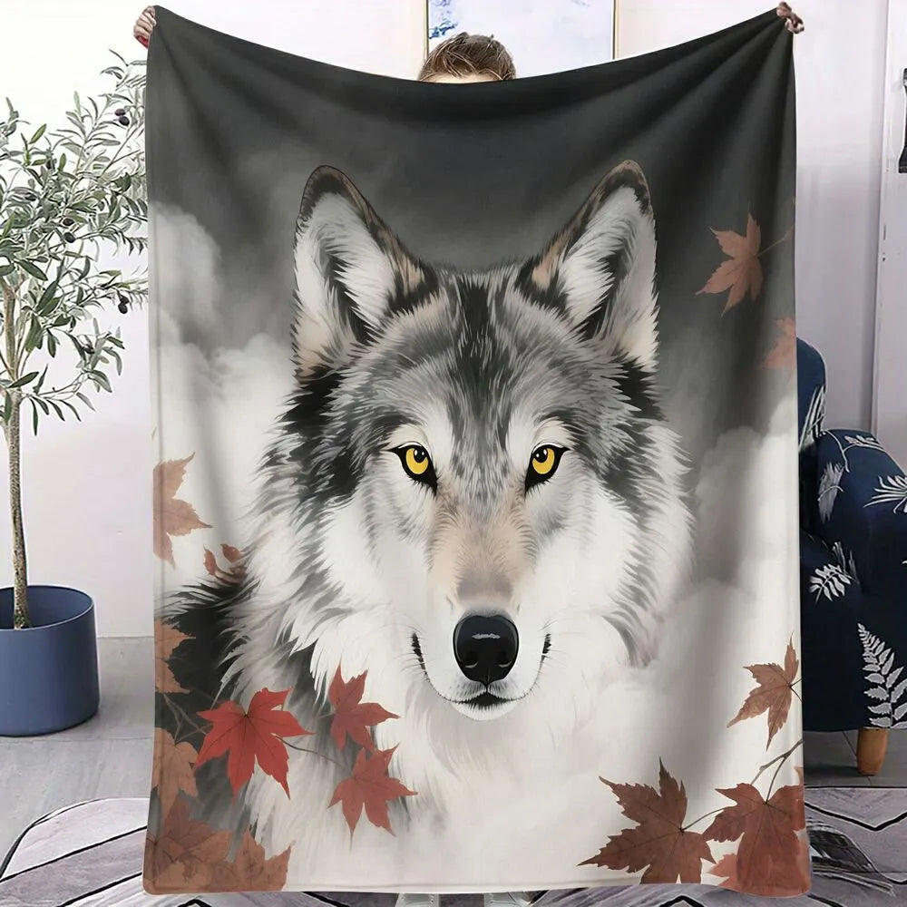 Wolf & Autumn Leaves Multipurpose Throw Blanket