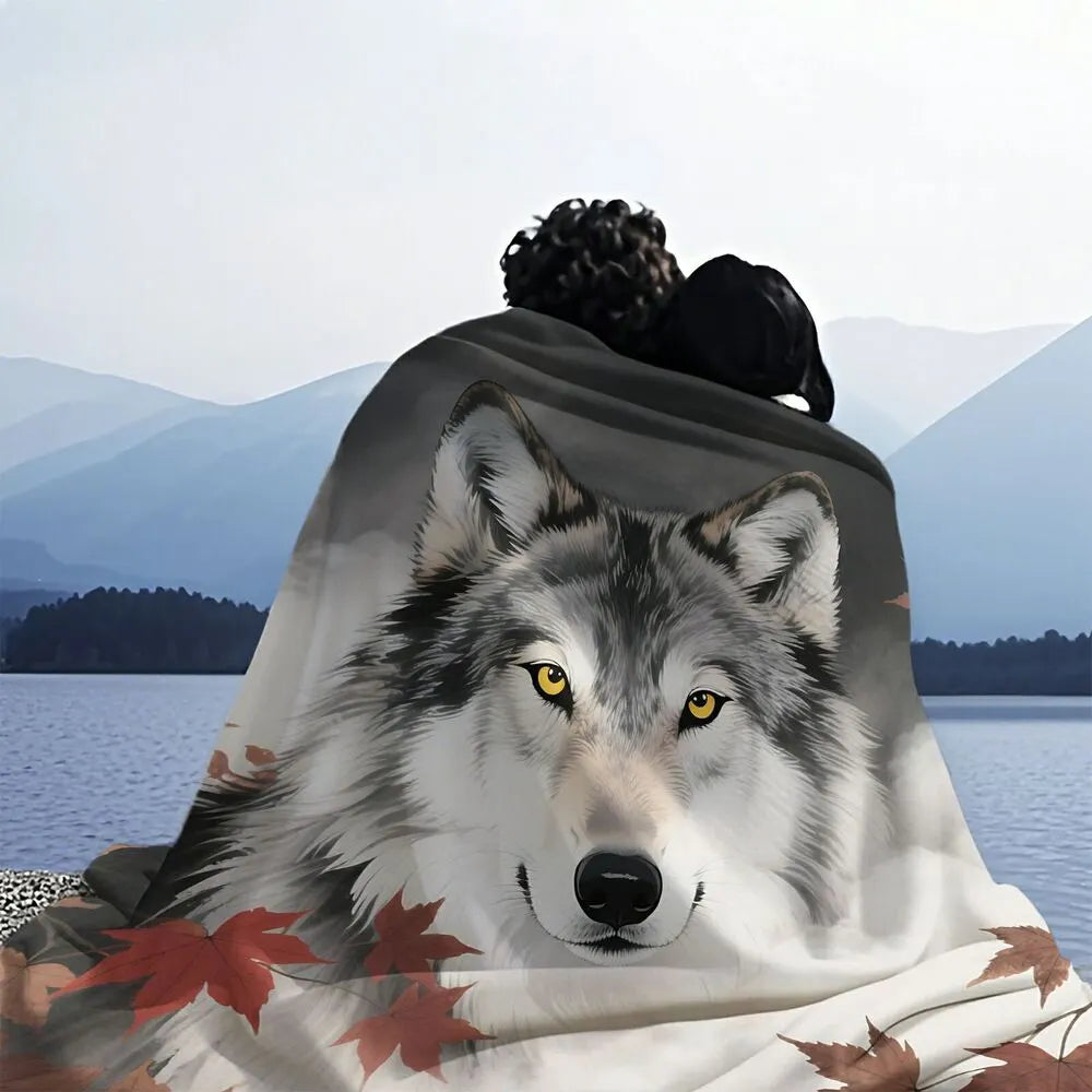 Wolf & Autumn Leaves Multipurpose Throw Blanket